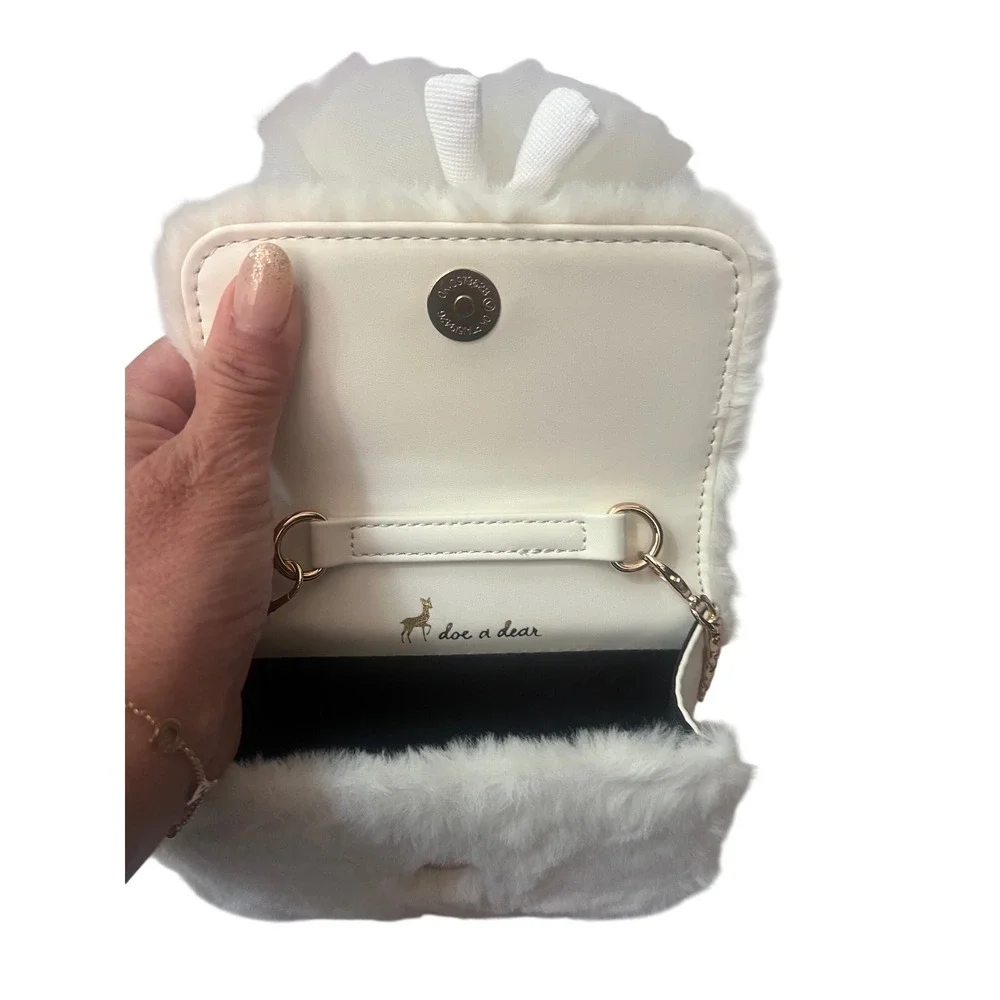 Doe a Dear Girls Faux Fur Teddy Bear Ballerina Crossbody Bag Pearl Handle Cream